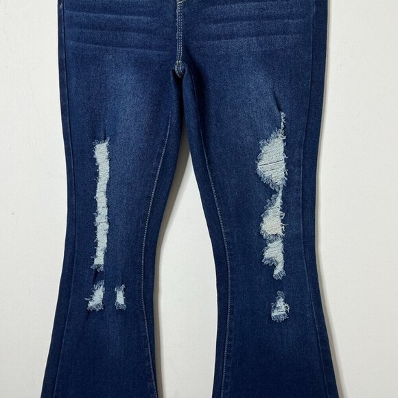 Sweet Look Women's Flare Jeans 7 Tall Bell Bottom Distressed Dark Wash High Rise - Picture 4 of 10